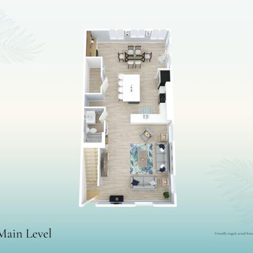 Main level layout. Open kitchen, dining, and living area all in one flow with a bathroom and balcony access.