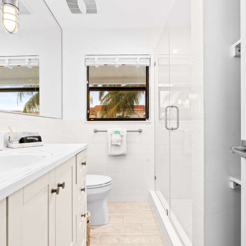 Fresh, airy bathroom with walk-in shower and palm tree views right from the window.
