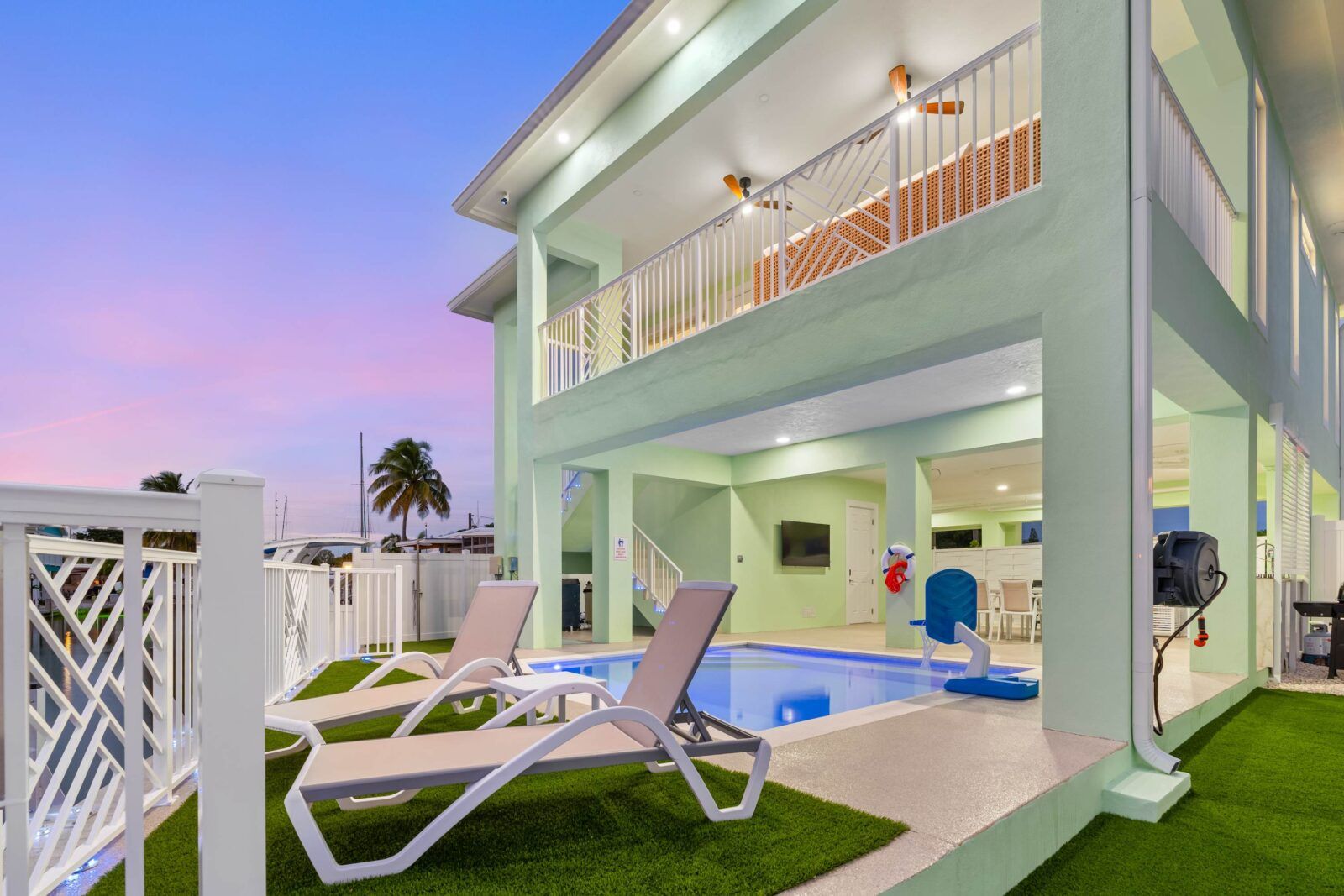 Sunset pool hangout with canal views. Lounge on the deck, grill downstairs, or watch the boats go by from the balcony. Perfect spot to wind down after a day on the water.