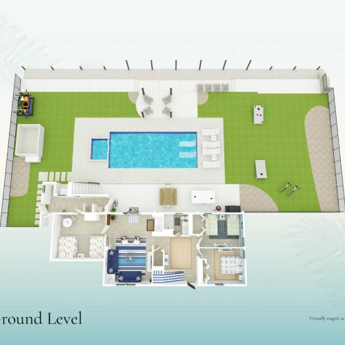 Ground level layout with pool, tiki hut, outdoor kitchen and bedrooms just steps from the water.