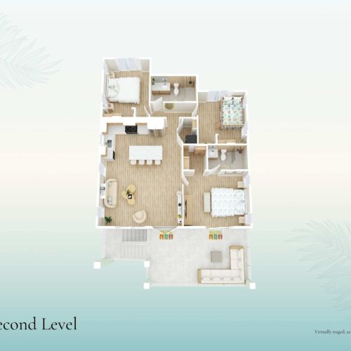 Second level floor plan showcasing spacious bedrooms, modern bathrooms, and open living areas designed for comfort and easy flow during your stay.