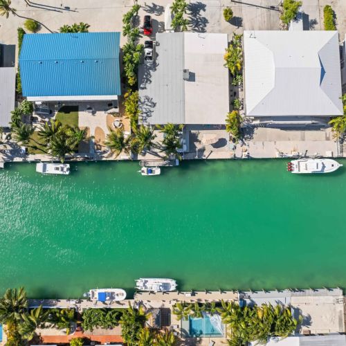 Enjoy your days lounging by the sparkling pool with a dock, surrounded by beautiful buildings and tropical palm trees.