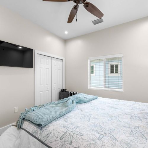 Guest bedroom: restful neutrals, a queen bed, and a window framing the neighbors' palms.