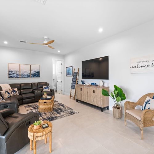 Relax and enjoy your favorite shows on our large smart tv, providing entertainment for everyone in the room.