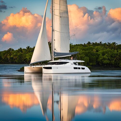 Sailboat sailing on the waters surrounding Marathon, Florida, with palm trees and buildings visible in the background.