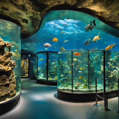 Fish tank exhibit at the Florida Keys Aquarium in Marathon, featuring vibrant corals and a variety of colorful fish swimming in the background.