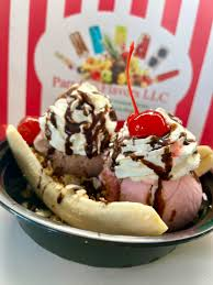 "Delicious banana split with tropical toppings at Paradise Flavors in Marathon, Florida."