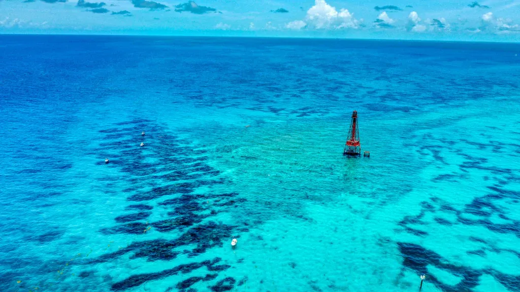 Aerial view of a vibrant turquoise ocean with dark coral reefs visible underwater. A solitary red lighthouse stands on a platform in the shallow water beneath a blue sky with scattered clouds.