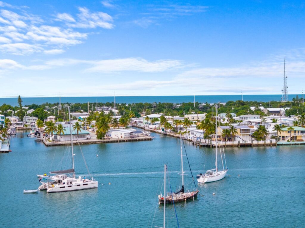 Marathon vacation rental investment: turn your home into profit 7 View of a marina with sailboats and catamarans on calm blue water, surrounded by palm trees and white buildings under a partly cloudy sky. The horizon line shows more trees and the open sea in the distance.