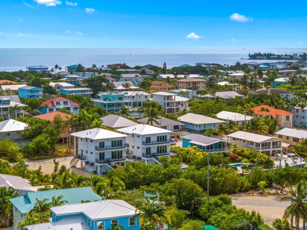 Aerial view of a coastal neighborhood with colorful houses surrounded by greenery, palm trees, and ocean in the background under a bright blue sky.