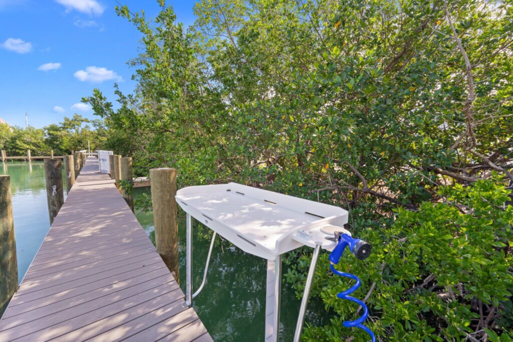 A wooden dock beside clear water, with a white fish cleaning station and blue hose, surrounded by green trees and foliage under a blue sky.