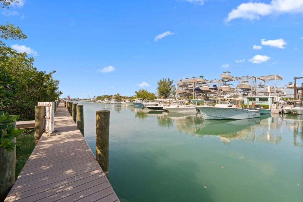 A wooden dock runs alongside calm, clear water with several boats moored on the right. Trees line the left side, and a boat storage facility is visible in the background under a bright blue sky with scattered clouds.