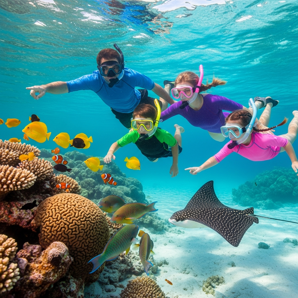 A family of four snorkeling over a vibrant coral reef in the clear blue waters of the florida keys in february, surrounded by colorful fish and a graceful spotted eagle ray.