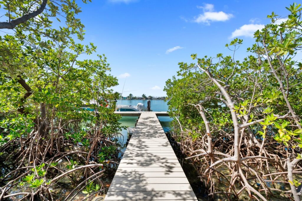 A wooden dock extends through lush mangroves toward a calm blue bay, with a boat moored at the end of the dock under a sunny sky with scattered clouds.