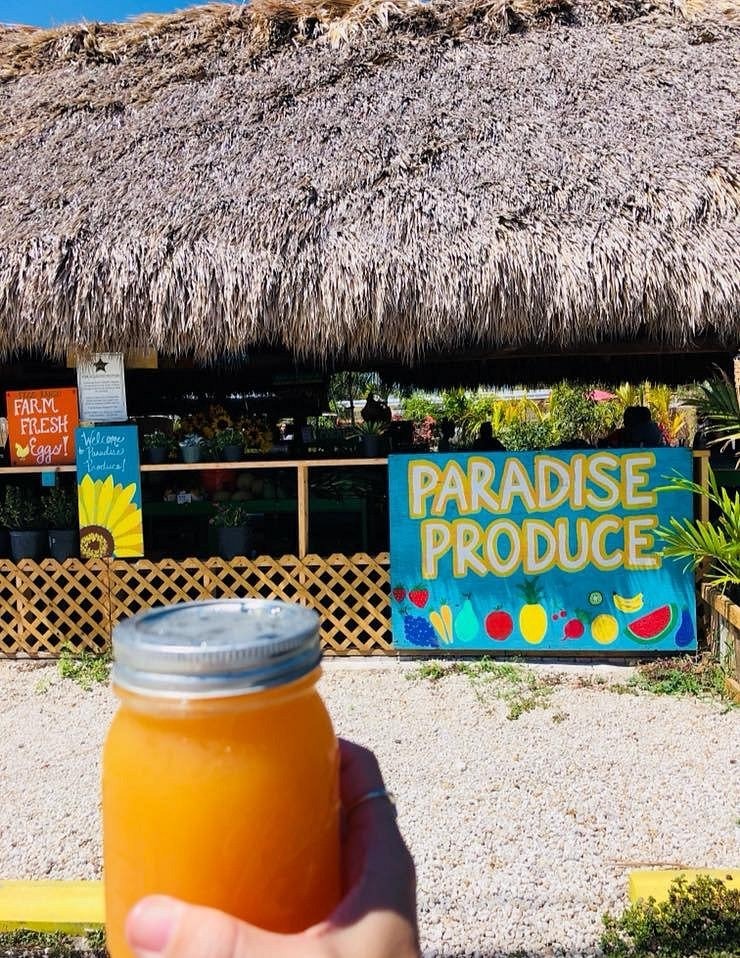 A hand holds a mason jar filled with orange juice in front of a thatched-roof produce stand with colorful signs reading paradise produce and farm fresh. Sunflowers and plants decorate the scene.