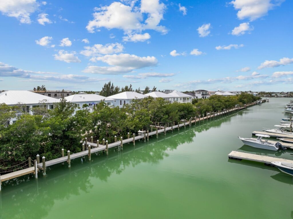A peaceful canal lined with green trees and white-roofed houses on one side, with several boats docked along the opposite side under a bright blue sky with scattered clouds.