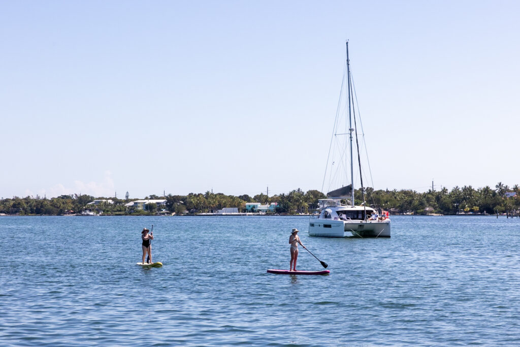 Two people paddleboarding on calm blue water near a large white sailboat, with a shoreline of trees and buildings in the background under a clear sky.