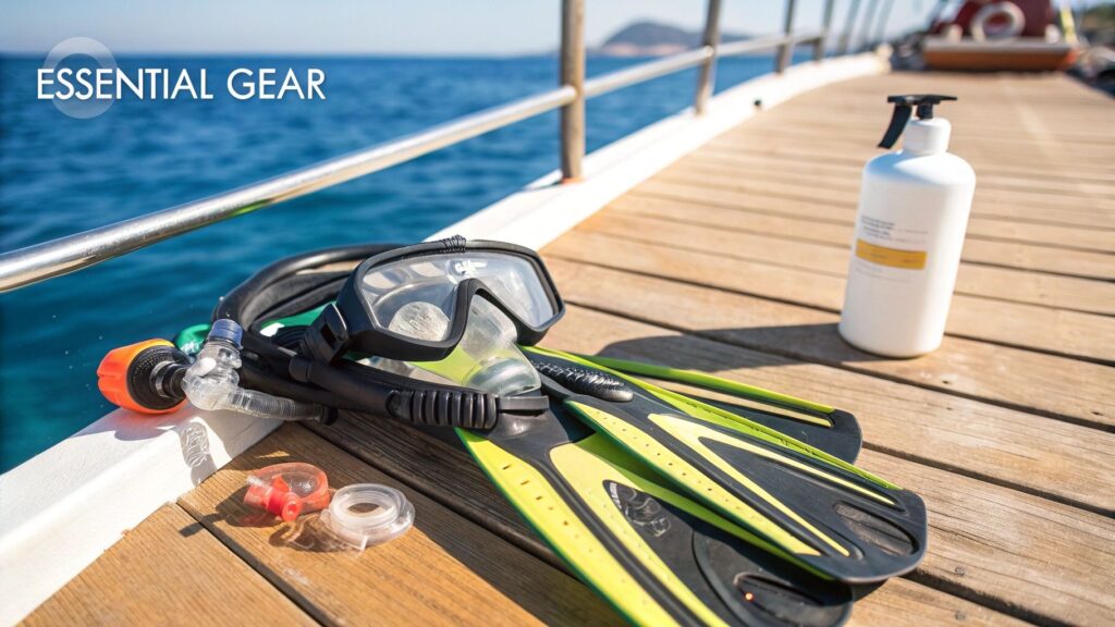 A pair of green and black swim fins, a snorkel, a diving mask, and a white bottle of lotion are laid out on a sunlit wooden boat deck with the ocean and distant hills in the background. The text essential gear appears on the image.