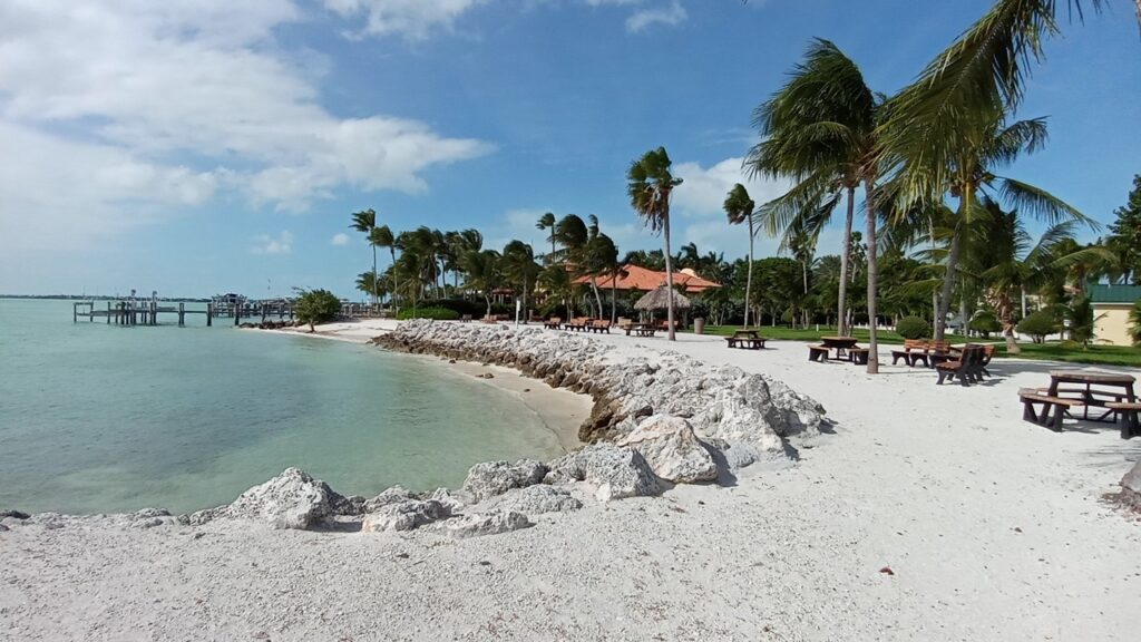 A tropical beach with palm trees, picnic tables, and large rocks along the shoreline. The sky is partly cloudy, and calm turquoise water meets the white sandy beach. A pier extends into the water in the background.