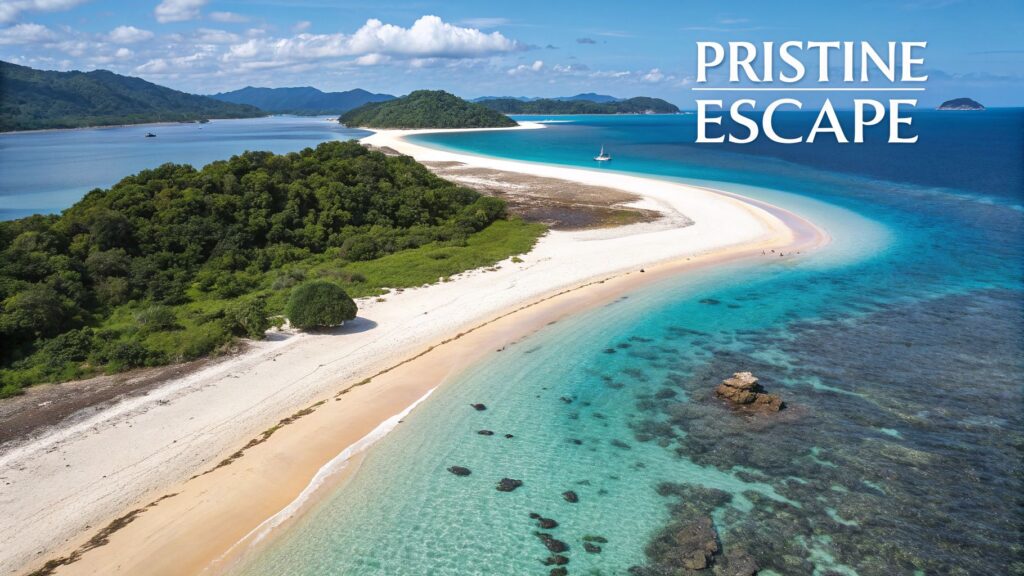 Aerial view of a tropical island with lush greenery, white sandy beach, and clear turquoise water under a blue sky. The words pristine escape are overlaid in the top right corner.