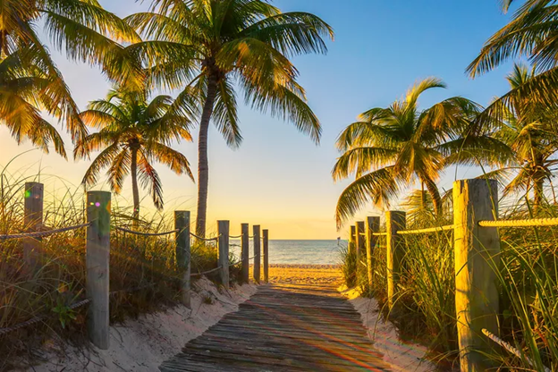 A wooden pathway lined with rope and palm trees leads through sandy dunes to a beach, capturing the magic of a florida keys summer as the sun sets over the ocean beneath a clear blue sky.