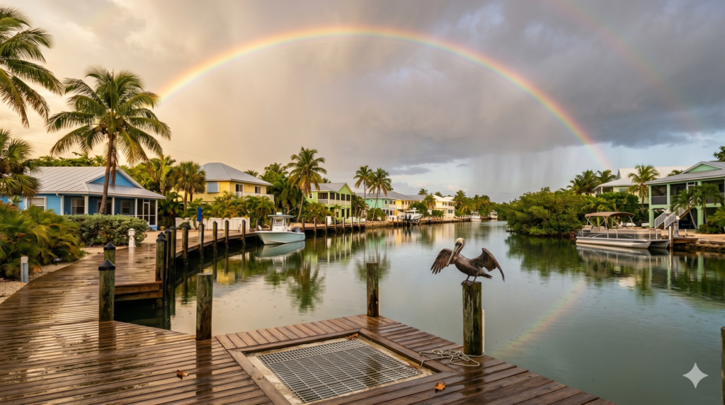 A vibrant rainbow arches over a calm canal lined with colorful houses and palm trees. A pelican perches on a post near a wooden dock, with boats moored along the water under a partly cloudy sky.