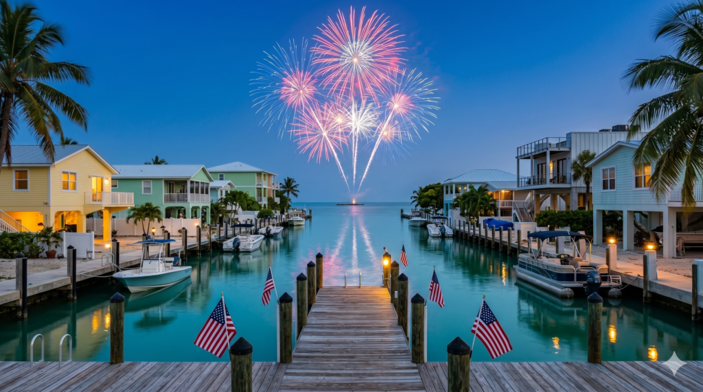 A wooden dock with american flags leads to calm water lined by colorful houses and boats, with palm trees nearby. Fireworks burst in the evening sky over the water, creating a festive, tropical atmosphere.