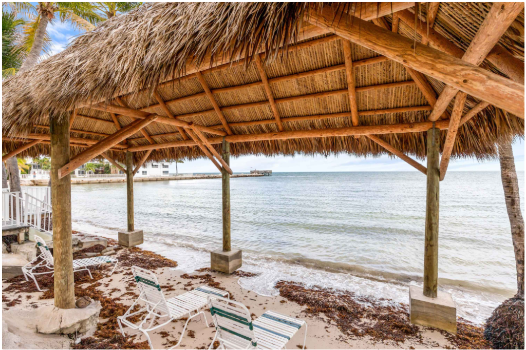 A thatched-roof beach hut provides shade over several lounge chairs facing a calm, sandy shoreline with gentle waves. Some seaweed is scattered along the water’s edge, and palm trees are partially visible to the side.