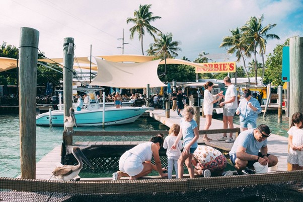 Families and children gather on a sunny dock by the water, feeding fish in a netted pool. A pelican stands nearby, and boats and palm trees are visible in the background under shade sails.