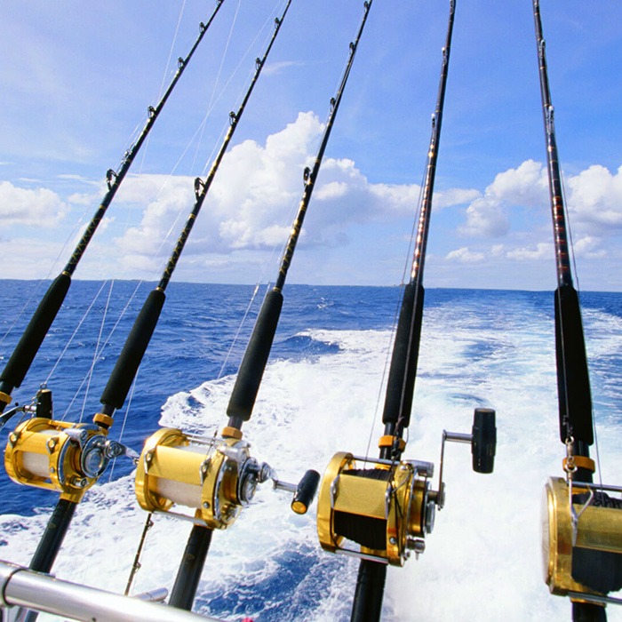 What to pack for florida keys: the only checklist (2026) 6 Four fishing rods with gold reels are mounted on a boat moving through deep blue ocean water, leaving a white wake behind, under a bright sky with scattered clouds.