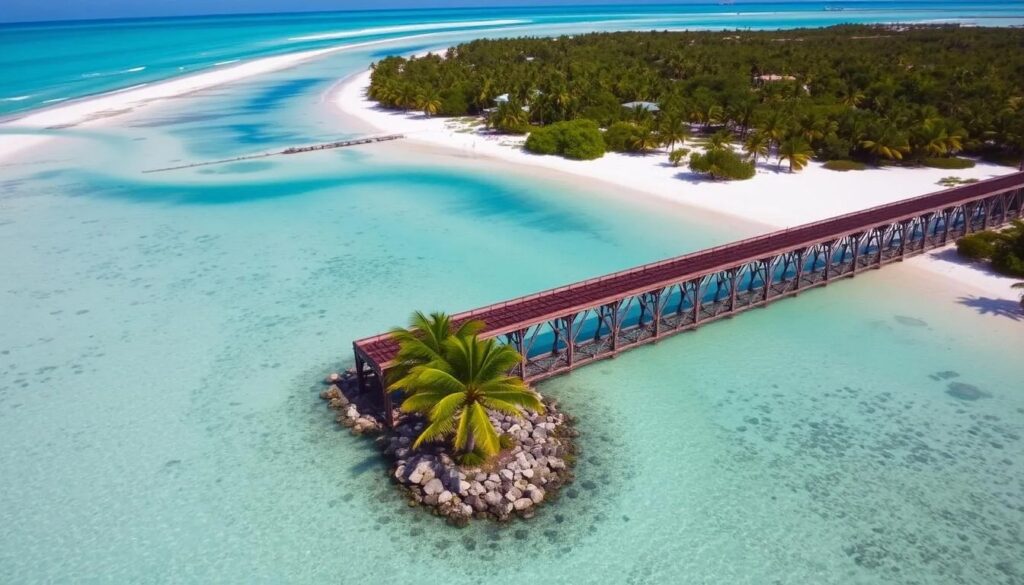 8 day trips from marathon fl you didn't know existed (2026) 4 A long wooden bridge extends over clear turquoise water from a small cluster of palm trees on rocks toward a white sandy island covered with lush greenery under a bright blue sky.
