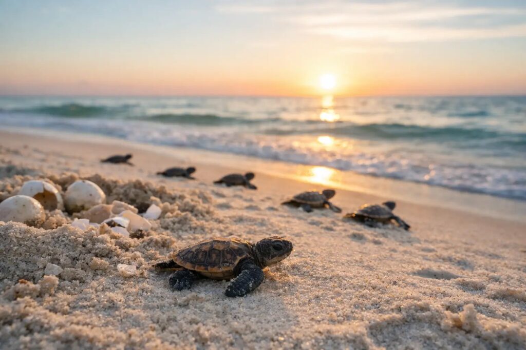 Several baby sea turtles crawl across sandy beach toward the ocean at sunrise, leaving eggshells behind as gentle waves approach the shore under an orange sky. Sea turtle season marathon fl