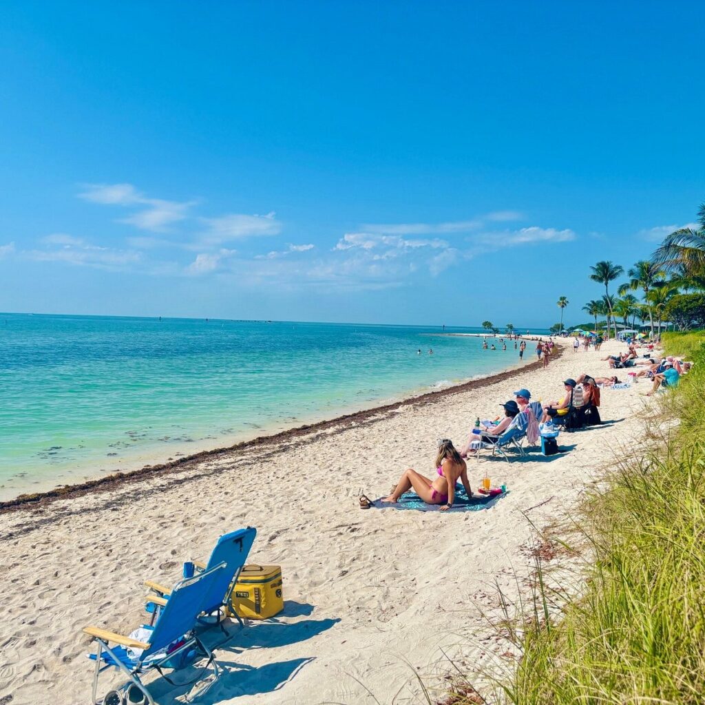 People relax on lounge chairs along a sandy beach under a clear blue sky. The turquoise ocean stretches out beside them, with a few palm trees and beachgoers visible in the distance.